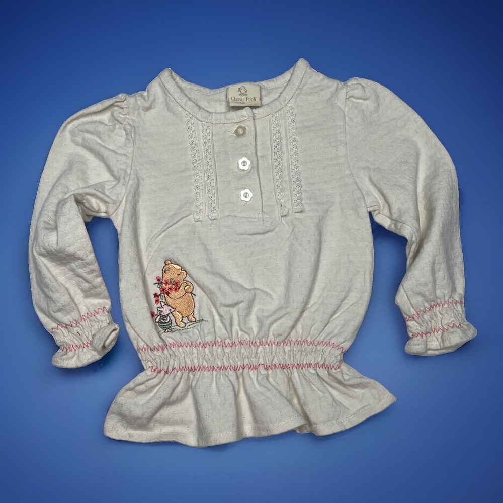 Vintage Disney Classic Pooh Piglet Girls 2T Embroidered Smocked Peplum Top